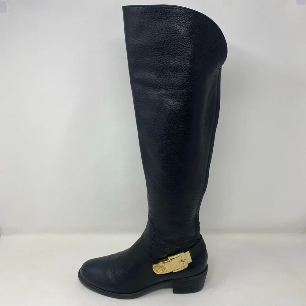 Vince Camuto  Women's 7M Knee-High Riding Boots Black Leather Gold Buckle Zipper